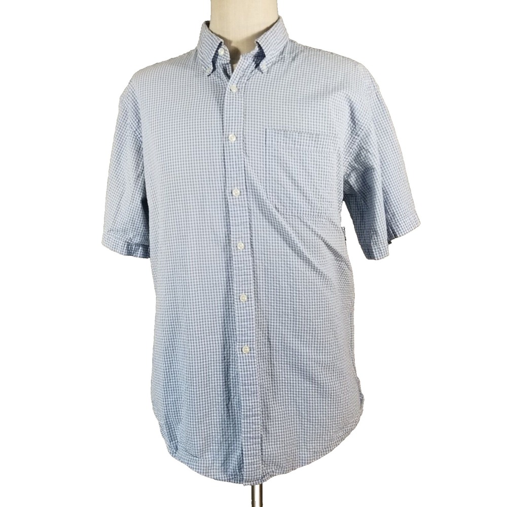 L.L. Bean seersucker shirt men's large Blue check classic preppy short sleeve